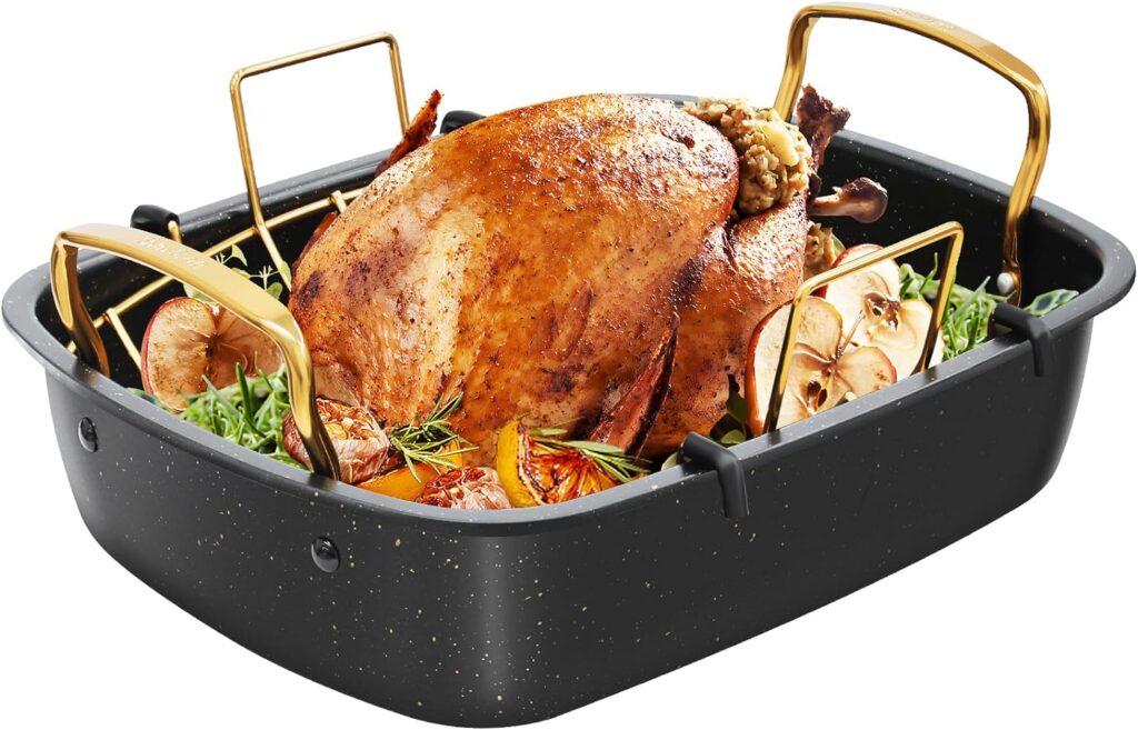 Slow Slog Roasting Pan, 17 Inch x 13 Inch Roaster with Removable Rack, Nonstick Roaster Pan for Roasting Turkey, Meat  Vegetables (Gold)