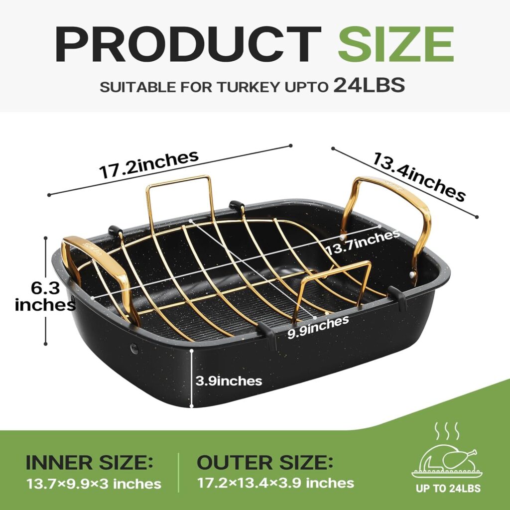 Slow Slog Roasting Pan, 17 Inch x 13 Inch Roaster with Removable Rack, Nonstick Roaster Pan for Roasting Turkey, Meat  Vegetables (Gold)