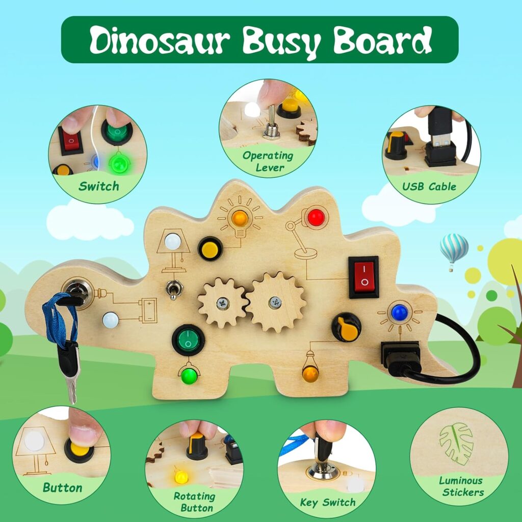 SUPKIZ Toddler Busy Board, Montessori Toys for 1-3 + Year Old Baby, Wooden Busy Board with Led Light, Dinosaur Toddler Toys Sensory Toys Travel Toys for Age 1 2 3 + Boy Girl Birthday Gift