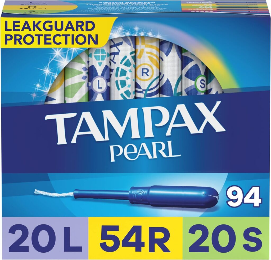 Tampax Pearl Tampons Multipack, Light/Regular/Super Absorbency, with Leakguard Braid, Unscented, 94 Count
