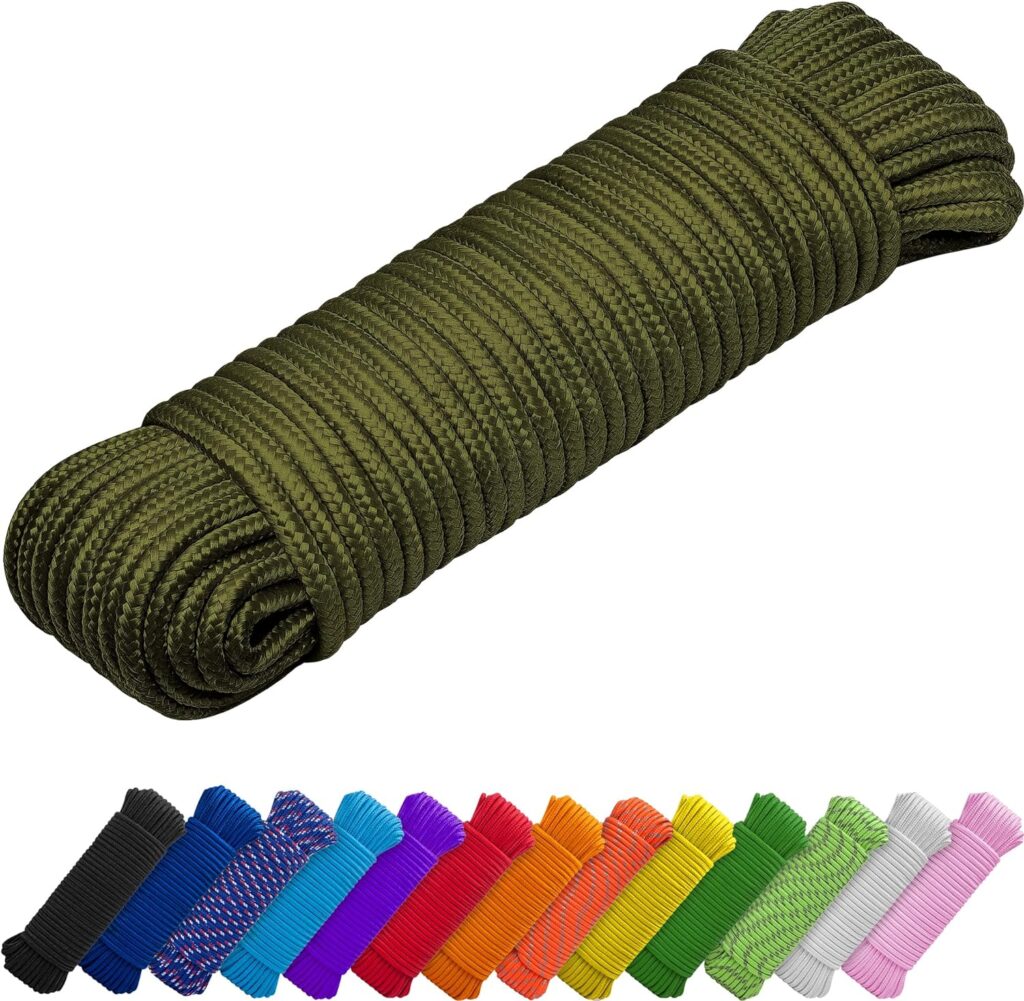 TECEUM Rope – 90 Feet x 1/4 Inch (7mm) – Strong All-Purpose Utility Rope – Camping, Crafting, Flag Pole, Indoor  Outdoor – Polypropylene Nylon Poly Lightweight Diamond Braided Cord – Army Green