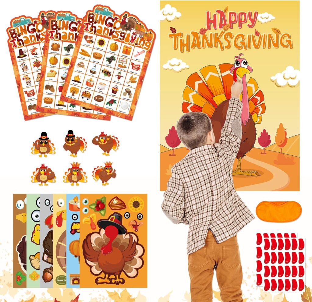 Thanksgiving Games - 4 in 1 Thanksgiving Games for Kids 36 Players Include Thanksgiving Bingo Game Thanksgiving Pin Game Thanksgiving Stickers Party Favors Supplies for Kids Children Activities