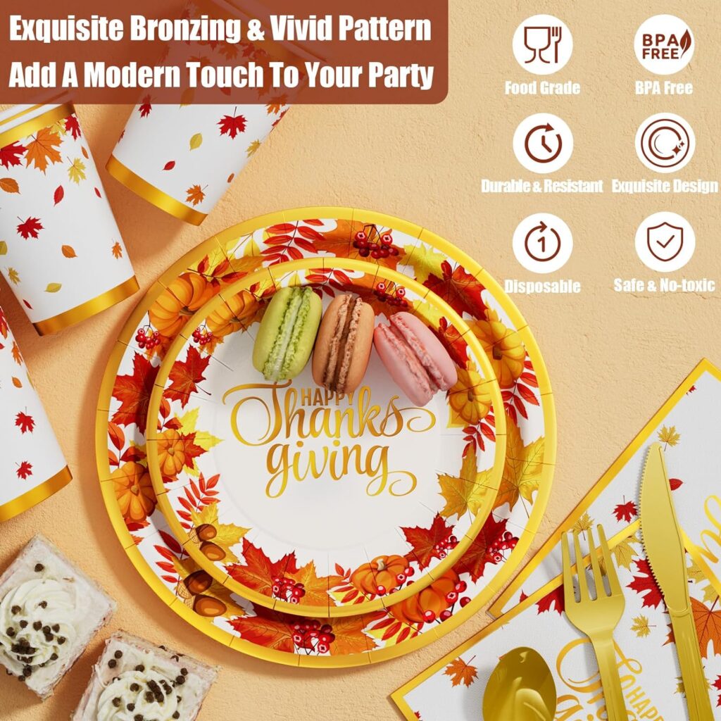 Thanksgiving Party Decorations - 291 PCS Fall Birthday Party Supplies Disposable Dinnerware Set(25 Guest) with Maple Leaf Paper Plates Napkin Tablecloth Backdrop Balloon Garland Kit for Autumn Holiday