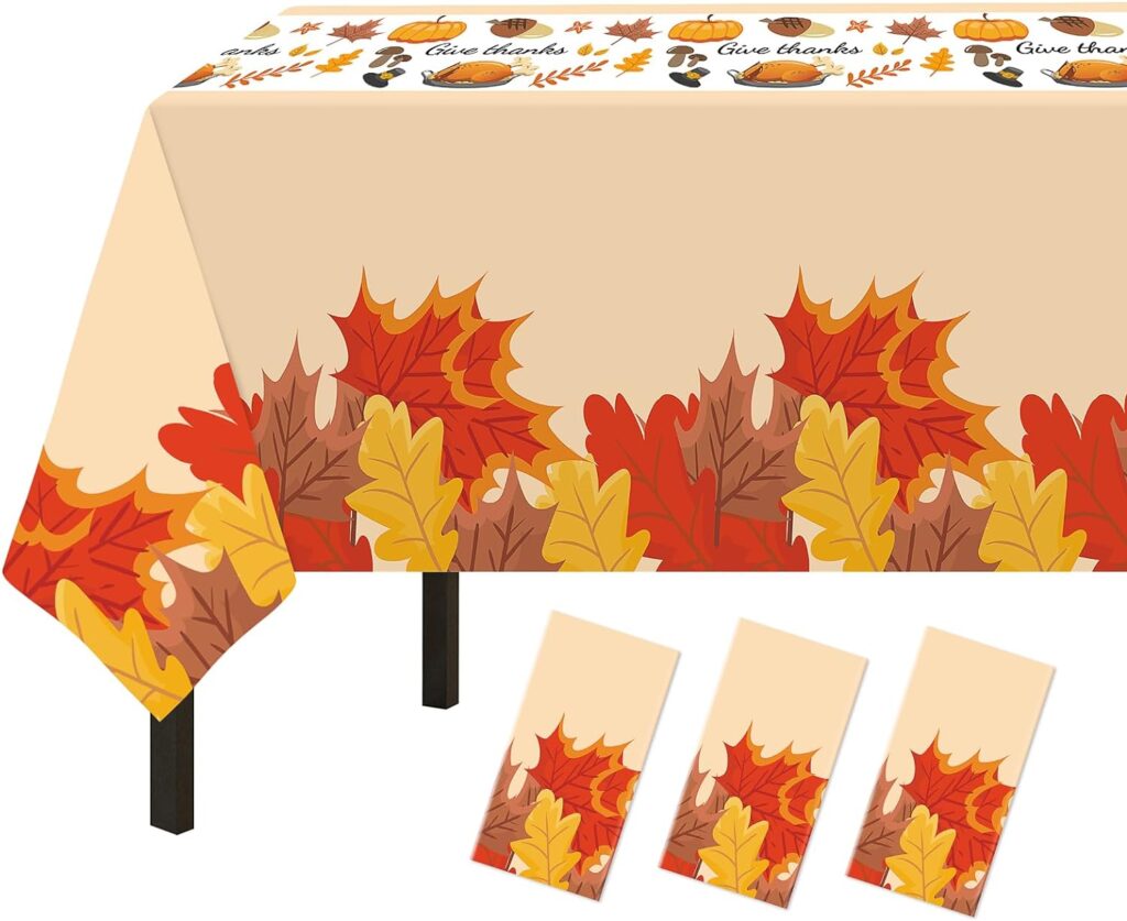 Thanksgiving Tablecloth, 3 Pack Disposable Plastic Tablecloth 54 x 108 Thanksgiving Decorations, Autumn Maple Leaf Party Table Cover, Fall Harvest Party Decor for Outside,Picnic,Home, Dinner
