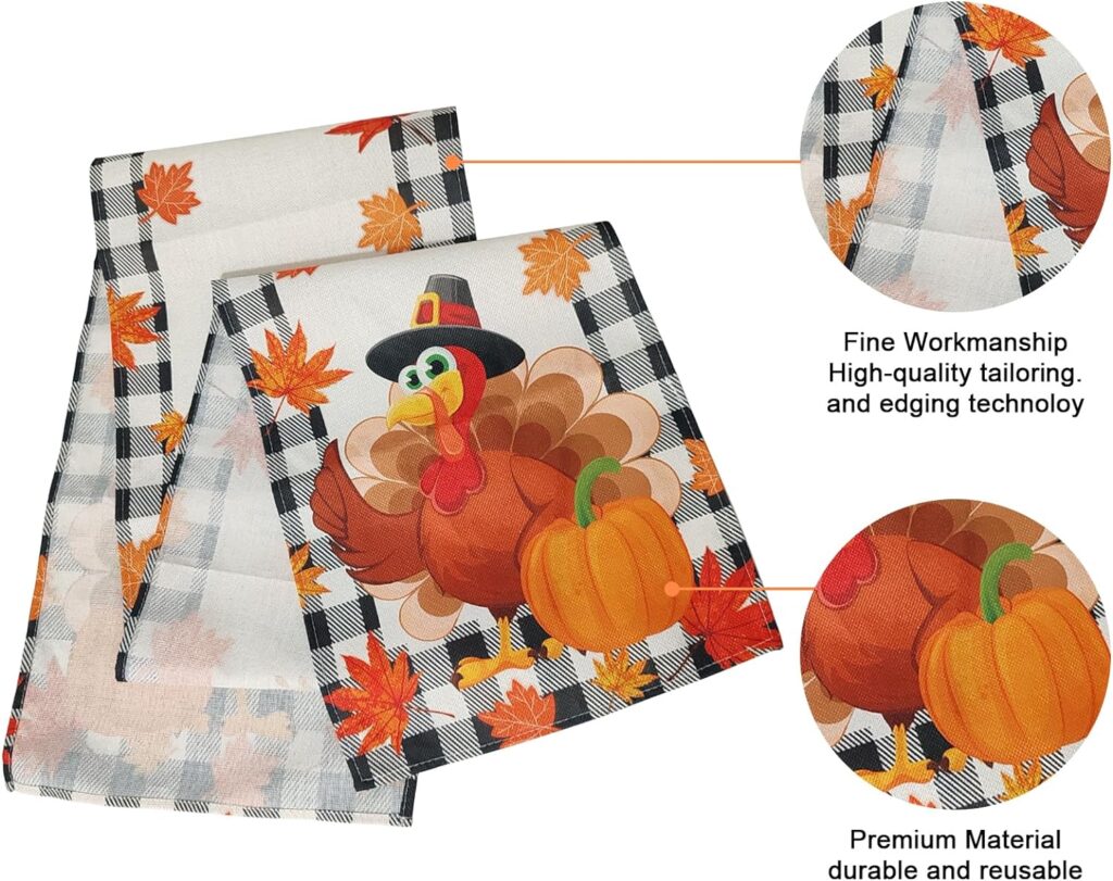 Thanksgiving Turkey Table Runner, 13x72 Inches Seasonal Fall Harvest Maple Leaf Pumpkin Buffalo Plaid Kitchen Dining Table Decoration for Indoor Outdoor Farmhouse Home Party Decor