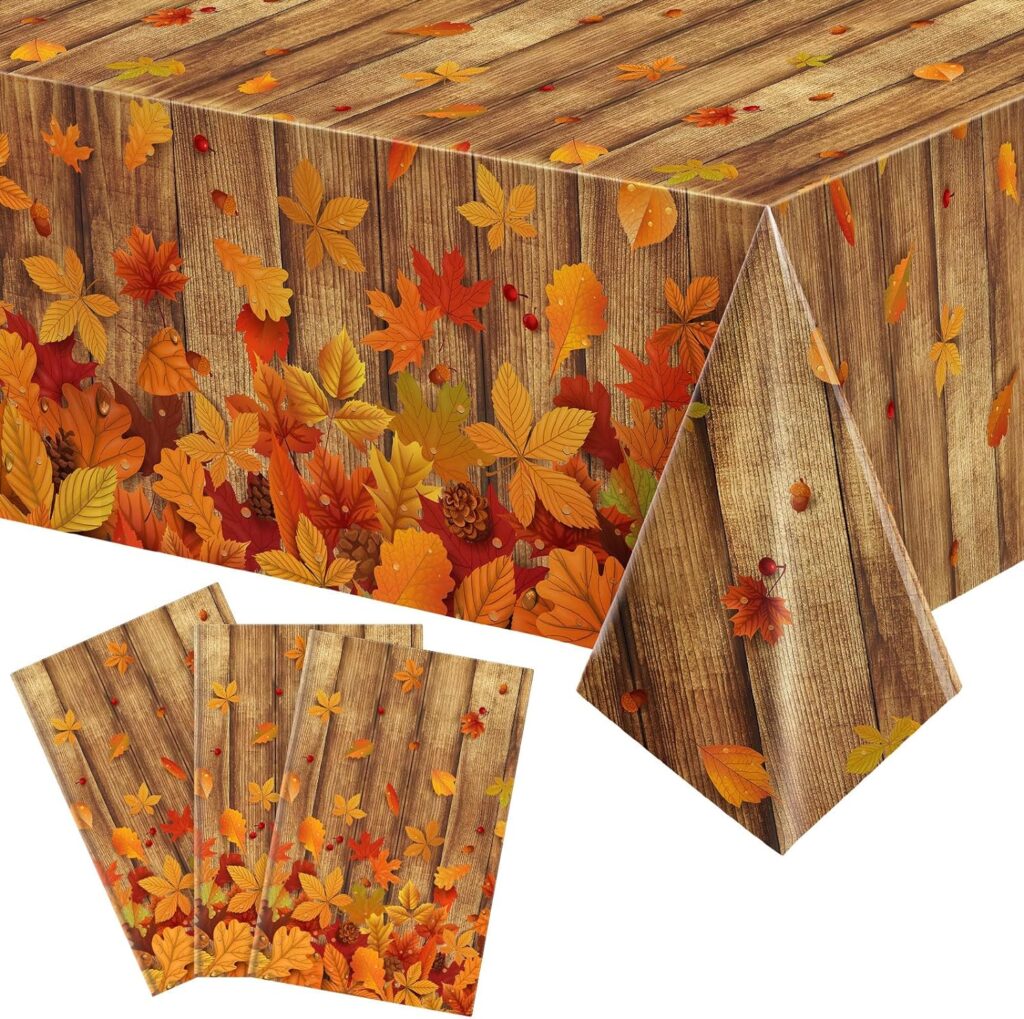 Tiamon 3 Pcs Fall Decoration Indoor Thanksgiving Fall Tablecloth Wood Grain Autumn Leave Party Table Cover Autumn Harvest Tablecover Decor for Fall Dining Gathering Party Table Protector, 54 x 108