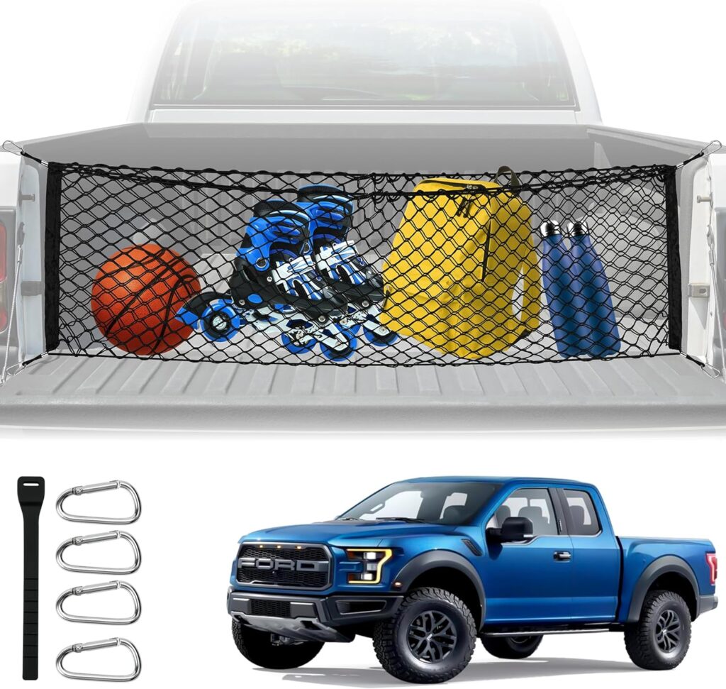 Truck Bed Cargo Net, Adjustable Truck Bed Divider 50x 18, Premium Heavy Duty Cargo Net for Pickup Truck Bed Organizers and Storage, Compatible with Chevy Silverado Ford F150, Automotive Cargo Nets