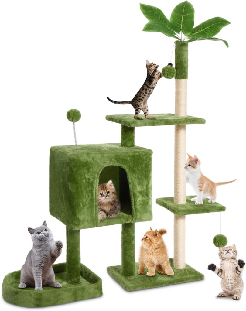 TSCOMON 52 Cat Tree Cat Tower for Indoor Cats with Green Leaves, Multi-Level Cozy Plush Cat Condo Cat House Cat Scratching Posts for Indoor Cats with Hang Ball, Home Plant Style Pet House, Green