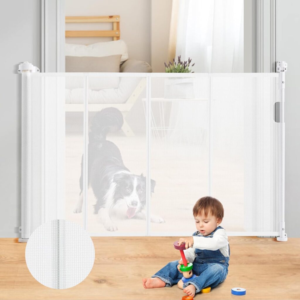 Upgrade Retractable Baby Gates Extends to 71 Wide 34 Tall, Apoaa Extra Wide Baby Gates for Doorways Stairs Hallways, Durable Mesh Dog Gate Keeps Pets from Getting Bottom Indoor Outdoor (White)