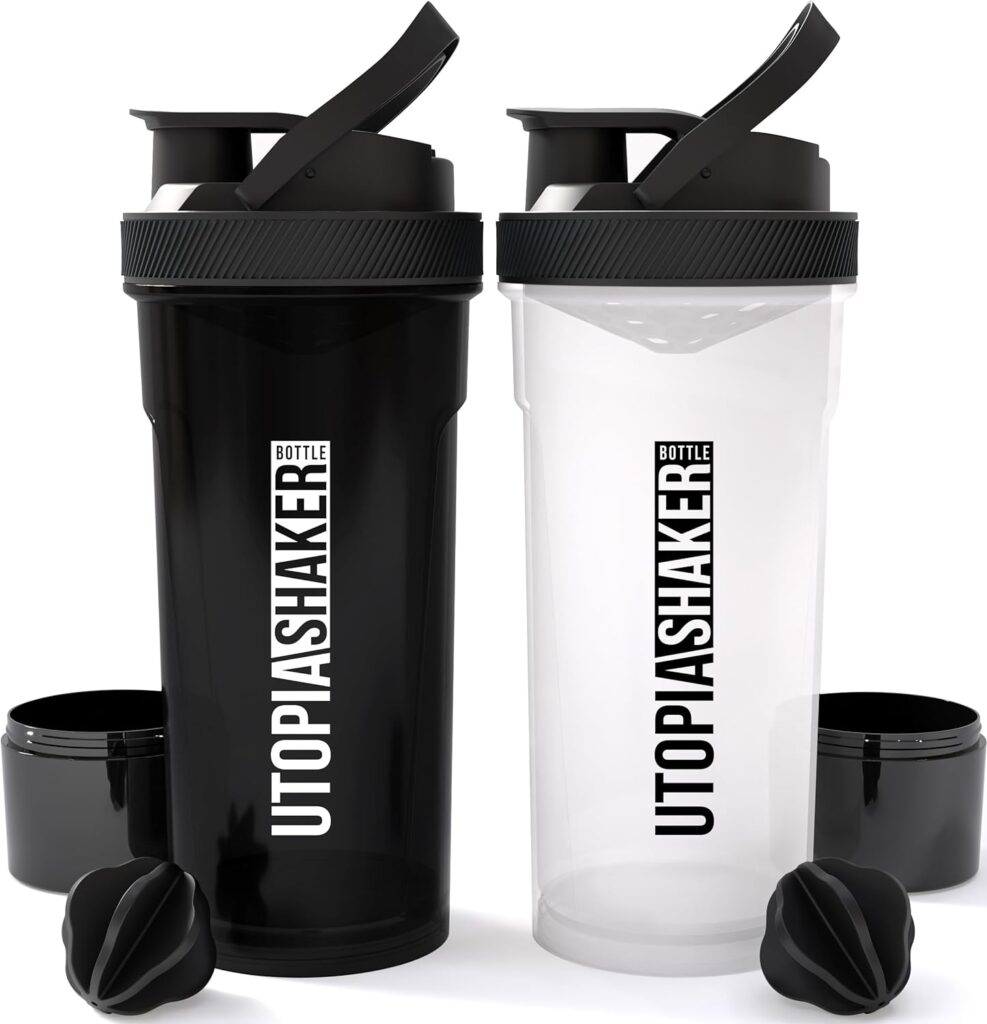 Utopia Home 2-Pack Shaker Bottle - 24 Ounce Protein Shaker Plastic Bottle for Pre  Post workout with Twist and Lock Protein Box Storage(All Black  Clear/Black)
