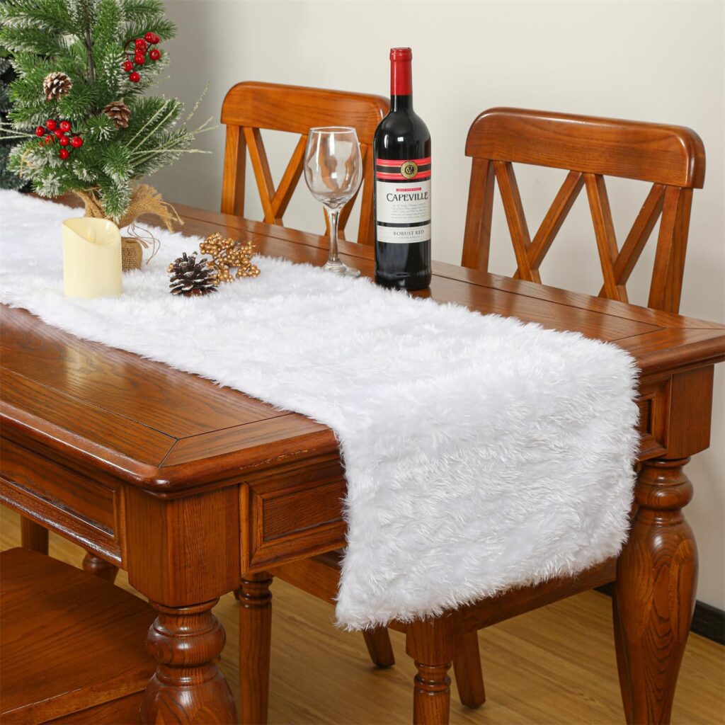 Valorcielo White Faux Fur Christmas Table Runner - 15 x 72 - Perfect for Holiday Dining  Home Decor