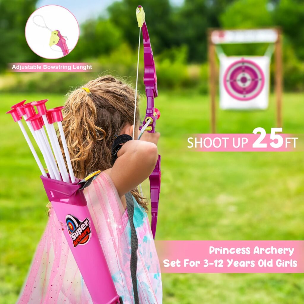 VGOFUN Kids Bow and Arrow Set-LED Light Up Princess Archery Toy Set with Sparkling Princess Cloak and Crown, 10 Suction Cup Arrows, Target  Quiver, Bow and Arrow Toys for Girls 3-8