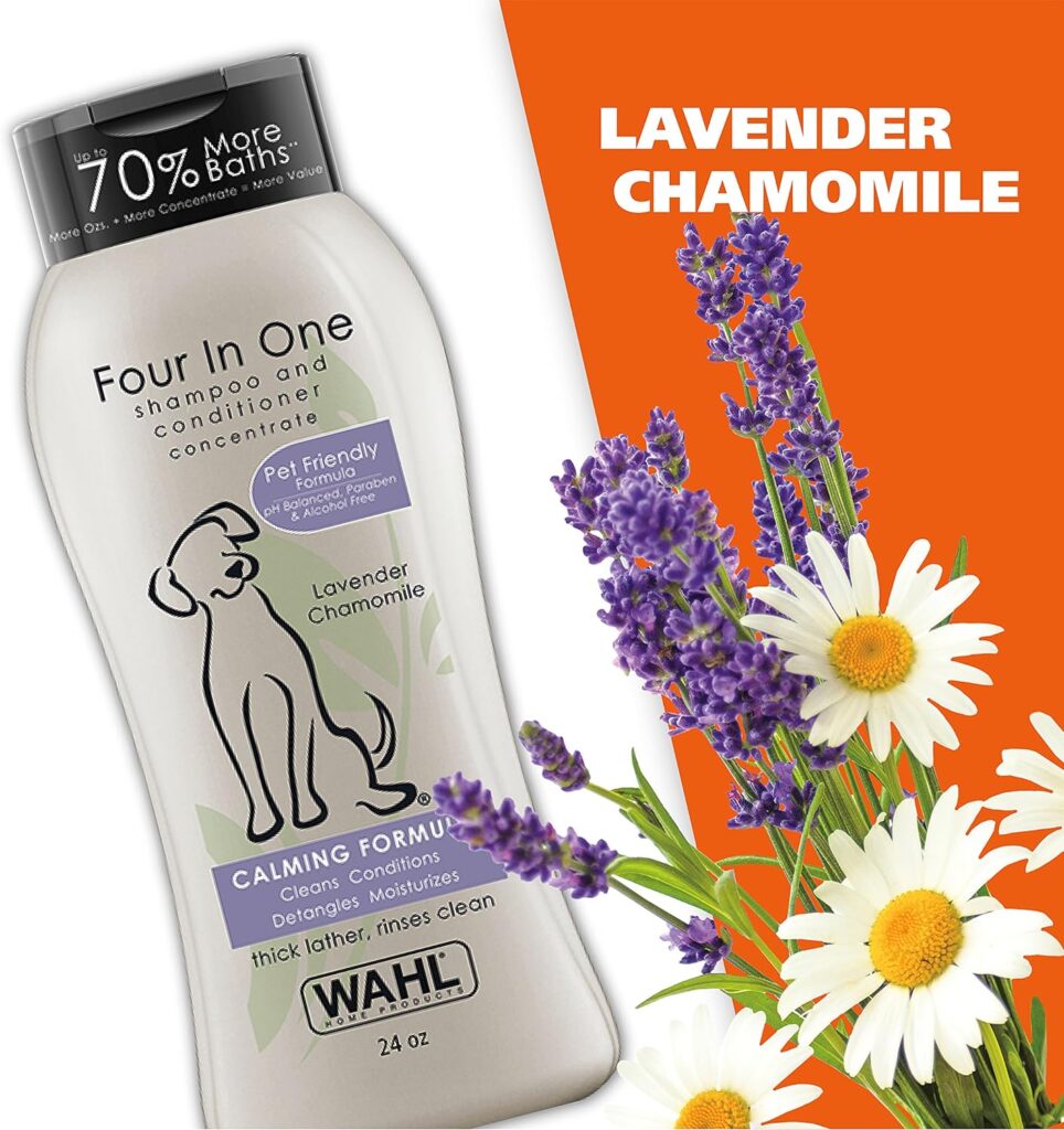 Wahl USA 4-in-1 Calming Pet Shampoo for Dogs – Cleans, Conditions, Detangles,  Moisturizes with Lavender Chamomile - Pet Friendly Formula - 24 Oz - Model 820000A