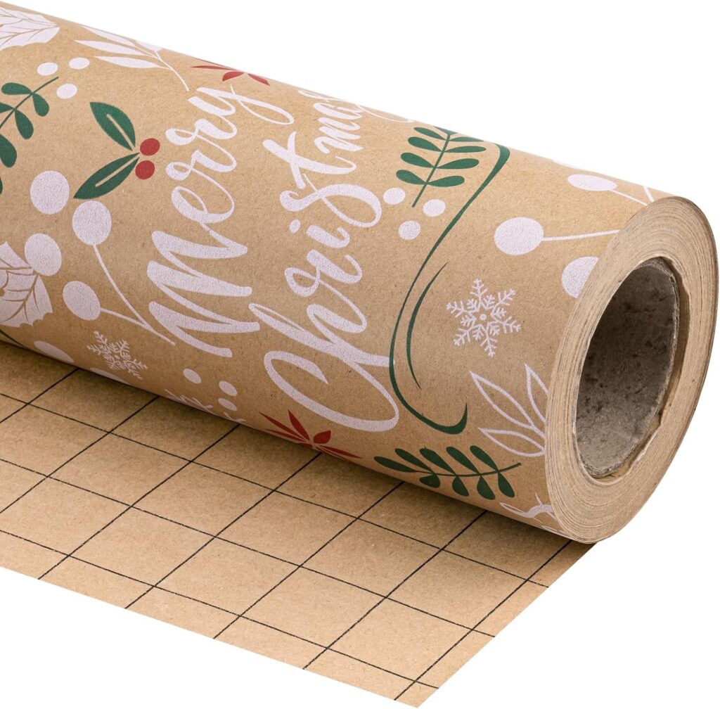 WRAPAHOLIC Kraft Christmas Wrapping Paper - Mini Roll - 17 Inch X 33 Feet - Merry Christmas Lettering with Christmas Leaves Design for Chrsitmas, Holiday, Party Celebration