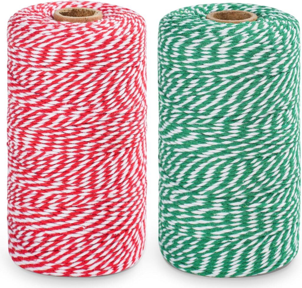 XKDOUS 984ft 2 Rolls Bakers Twine, 2MM Natural Cotton String for Christmas Craft, Gift Wrapping and Home Decor(Green White and Red White)
