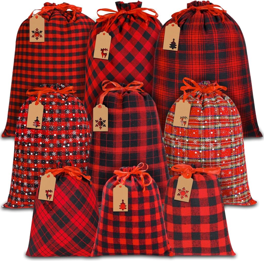 YUJUN 9PCS Christmas Drawstring Bags Christmas Cotton Buffalo Plaid Bags Sacks Xmas Red Black Wrapping Storage Bags with Kraft Tags for Christmas Gift Candy Goodie Holiday party Favors(3 Sizes)