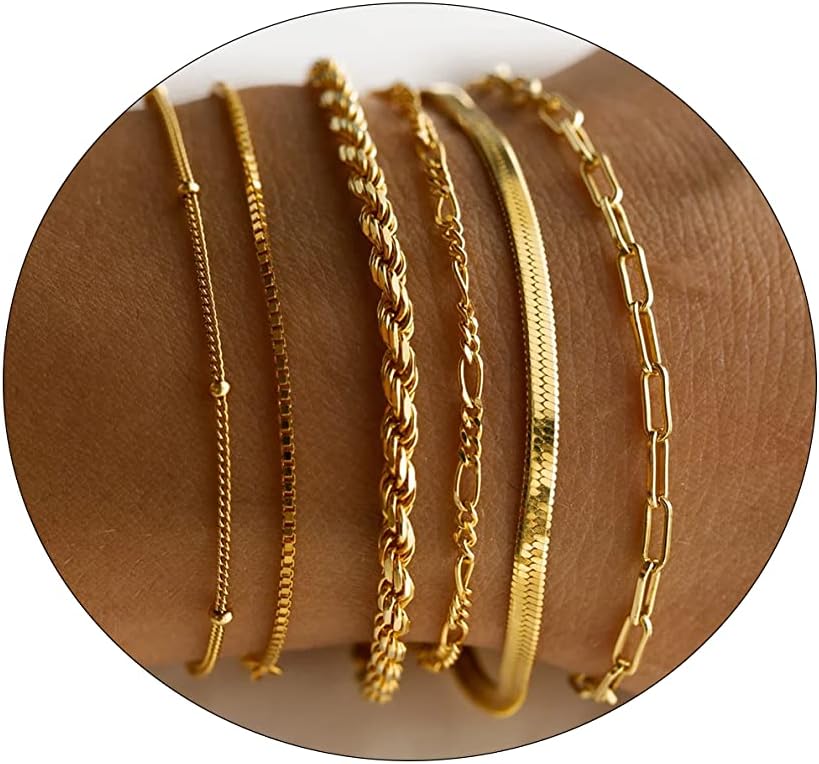 LEXODY Gold Bracelets for Women 14K Gold Herringbone Bracelets Sets Dainty Herringbone Jewelry Stackable Figaro Chain Paperclip Link Chain Cute Anklet Bracelet Pack Gifts for Women Girls