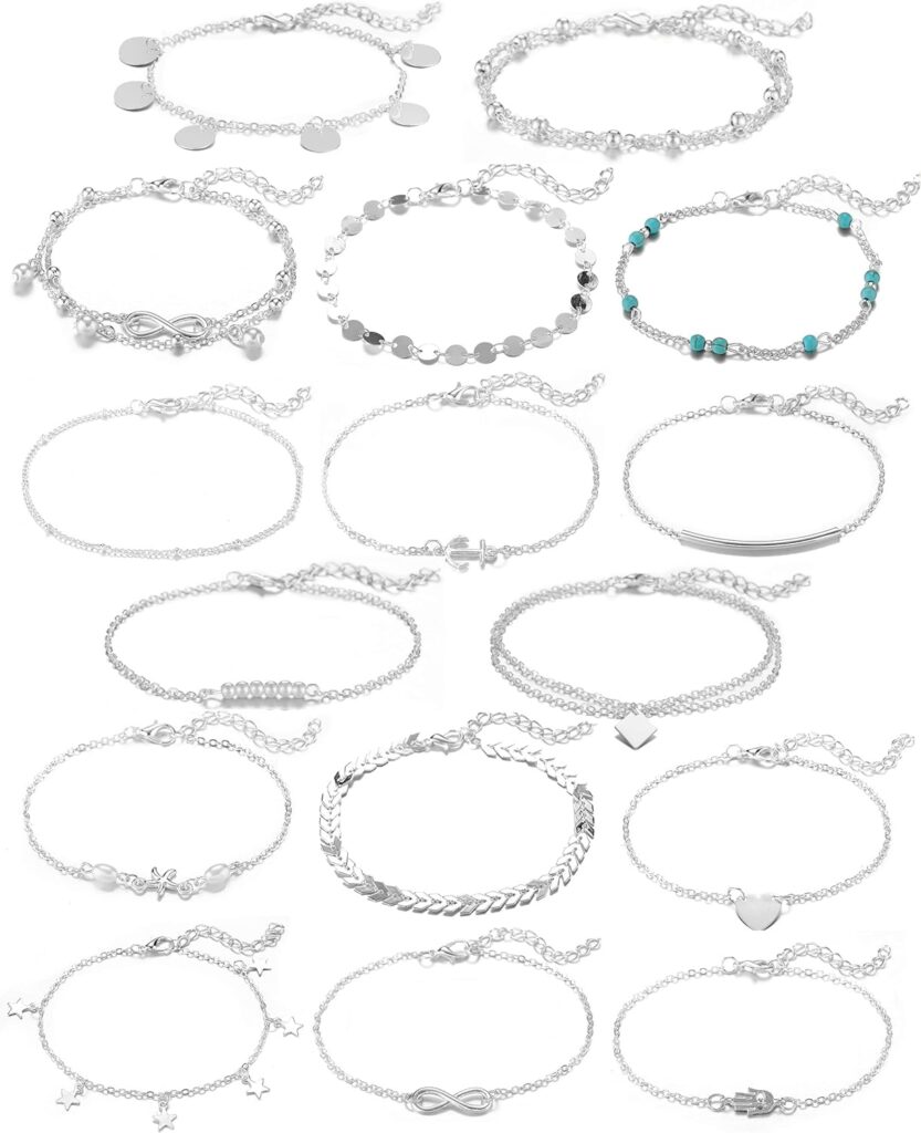Softones 16Pcs Ankle Bracelets for Women Girls Gold Silver Two Style Chain Beach Anklet Bracelet Jewelry Anklet Set,Adjustable Size
